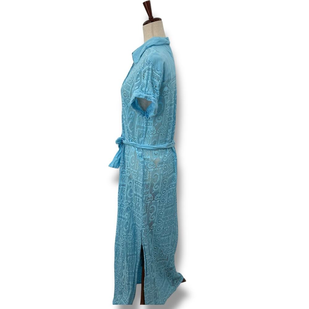 Becca Light Blue Collard Swimsuit Coverup Dress Large Cotton Guaze Lace Sheer - Picture 6 of 12
